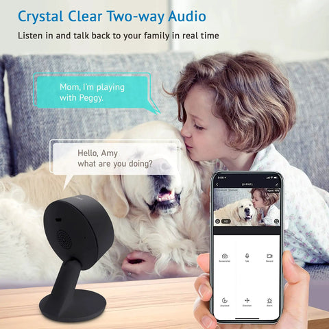 Child interacting with dog using 1080P Home Security Camera Kit, 2 Pack With Free SD Cards, Motion Detection, 2 Way Audio, Night Vision, And WiFi Wired Indoor Surveillance For Baby And Pets, Works With Alexa And Google, Cloud US Server. Image demonstrates the two-way audio feature, showcasing crystal-clear communication between family and pets indoors.