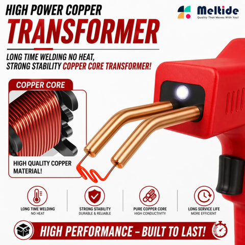 Close-up view of red high power copper transformer with welding tips, used in Powerful 220W Plastic Welder Kit For Car Bumper Repair.
