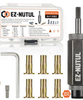 Front view of EZ-NUTUL rivet nut installation tool set in case with six brass 1/4-20 nuts and hex key