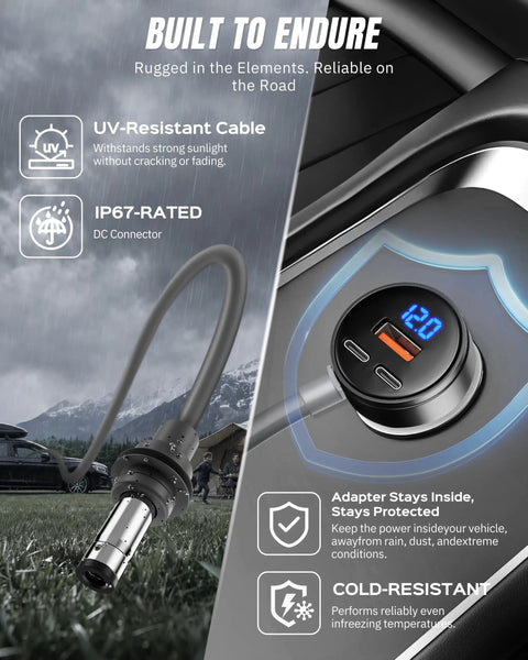 Close-up of Straight Shot Car Power Adapter For Mini Internet Setup with UV-resistant cable and IP67-rated connector.