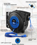 Retractable Extension Cord Reel With 45 Ft 12 Gauge SJTOW Cord 3 Grounded Outlets Lighted Triple Tap 15 Amp Circuit Breaker UL Listed