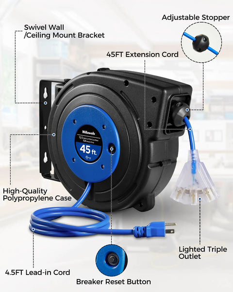 Retractable Extension Cord Reel With 45 Ft 12 Gauge SJTOW Cord 3 Grounded Outlets Lighted Triple Tap 15 Amp Circuit Breaker UL Listed