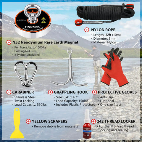 Magnet Fishing Kit With Case 1500 Lbs Pulling Power Super Strong Magnets For Treasure Hunting In Rivers Ponds And Wells Heavy Duty Magnet Tool Pickup Set Great For Lifting And Collecting Lost Metal Finds