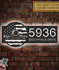 Personalized Farm Themed Metal Address Sign With US Flag Design And LED Lights Outdoor House Number Plaque on brick wall