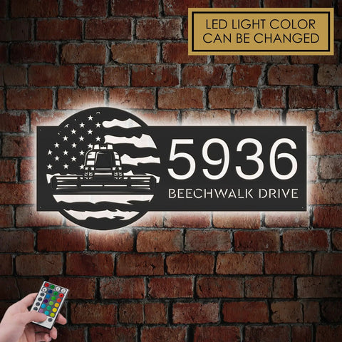 Personalized Farm Themed Metal Address Sign With US Flag Design And LED Lights Outdoor House Number Plaque on brick wall