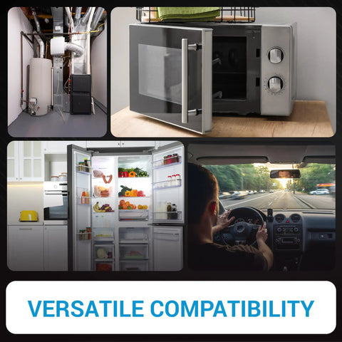 Collage of home appliances and car interior highlighting versatile compatibility for various devices.