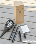 Solar Torch Light With Realistic Flickering Flame, Waterproof Outdoor Tiki Torches With 96 LED Bulbs; components view with box.