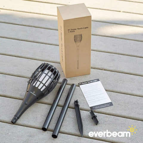 Solar Torch Light With Realistic Flickering Flame, Waterproof Outdoor Tiki Torches With 96 LED Bulbs; components view with box.