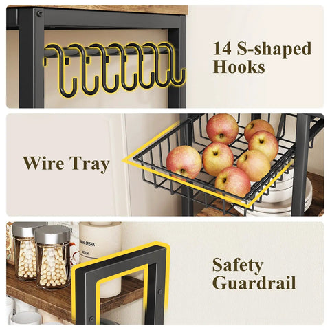 Close-up of Rustic Brown Baker Rack With Power Outlet Microwave Stand showing 14 hooks, wire tray with apples, and safety guardrail.