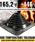 Pro Grade Heavy Duty Four Inch Metal Roof Pipe Boot featuring flexible silicone flashing base, showcasing heat and cold tolerance.