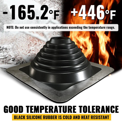 Pro Grade Heavy Duty Four Inch Metal Roof Pipe Boot featuring flexible silicone flashing base, showcasing heat and cold tolerance.