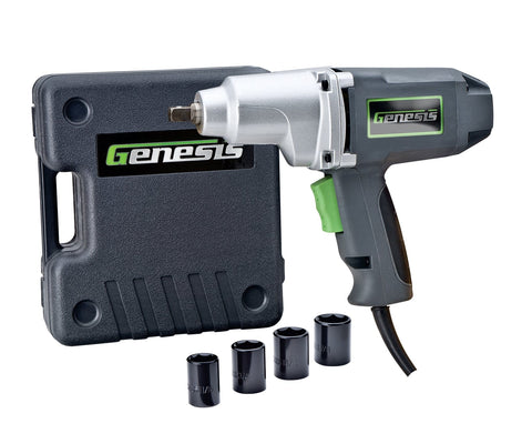Half Inch Impact Wrench Driver Kit With Detent Pin Square Drive Anvil, 7.5 Amp, 220 Feet Lbs Torque, Includes 4 Sockets And Heavy Duty Storage Case
