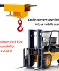 Tough As Nails 2200 Lb Forklift Lifting Hook With 360 Degree Swivel And Heavy Duty Carbon Steel Build mounted on a yellow forklift.