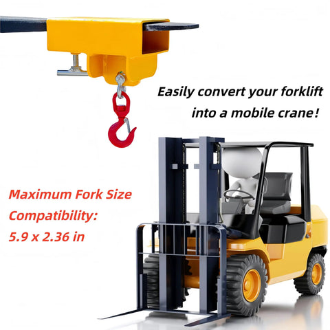 Tough As Nails 2200 Lb Forklift Lifting Hook With 360 Degree Swivel And Heavy Duty Carbon Steel Build mounted on a yellow forklift.