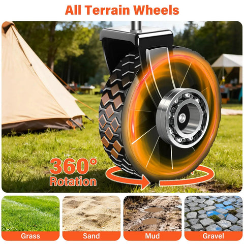 Foldable Utility Wagon With Wheels For Groceries And Camping, featuring all-terrain wheels with 360° rotation on various surfaces