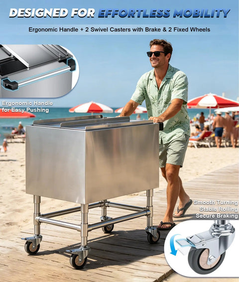 Ice Bin Cart With Wheels For Outdoor Parties And Patio Events A Portable Insulated Cooler Cart with sliding lid on a beach boardwalk