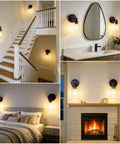 MATAMEYE Battery Operated Wall Sconce Set of 2, Rechargeable Wall Lights in stairwell, bathroom, bedroom, and living room settings.