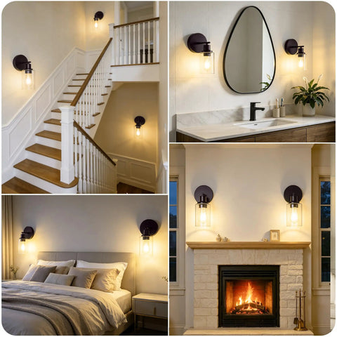 MATAMEYE Battery Operated Wall Sconce Set of 2, Rechargeable Wall Lights in stairwell, bathroom, bedroom, and living room settings.