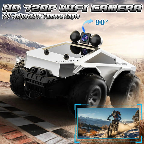All Terrain RC Car With 720P FPV Camera And Remote Control, 1:28 Scale, shown with adjustable camera and rugged wheels