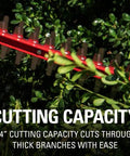24V Cordless 22 Inch Laser Cut Hedge Trimmer cutting through thick branches with 3/4 inch capacity and dual action steel blades.