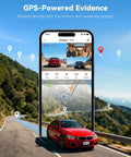 4K Three Channel Dash Cam With Front, Cabin And Rear Cameras, HDR WDR Night Vision interface on GPS map, red car on road