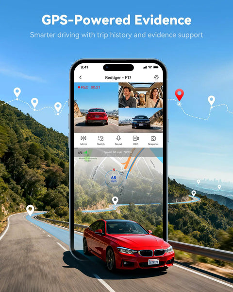 4K Three Channel Dash Cam With Front, Cabin And Rear Cameras, HDR WDR Night Vision interface on GPS map, red car on road