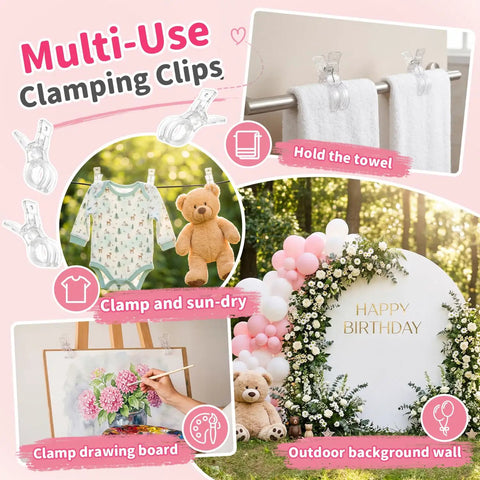 Super Cool 10 Pack Clear Spring Balloon Arch Clips That Grip Tight For Your Birthday Wedding Or Photo Studio Decor Setup Without Messing Up The Look! clear clips holding towel, clothes, board, and backdrop