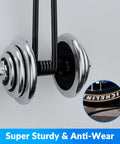 Close-up of sturdy, anti-wear pulley system with chrome weights and black rubber. Inset shows high-quality tire tread detail.
