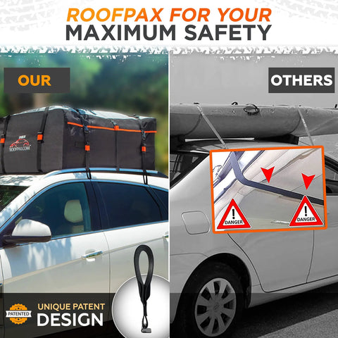 Image comparing Six Pack Rooftop Cargo Tie Down Hooks For Securing Any Car Top Luggage versus traditional method with warnings.