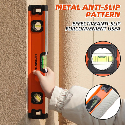 Heavy Duty 12 20 40 Inch Spirit Level Set Featuring A Magnetic Torpedo Pro Grade Aluminum Build in use against a textured wall