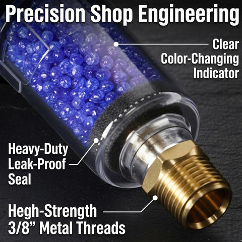 Image of Desiccant Air Dryer System With Filter For Pneumatic Tools And HVLP Paint Guns Keeps Oil Water And Moisture Outta Your Lines; showing color-changing indicator and 3/8" metal threads.