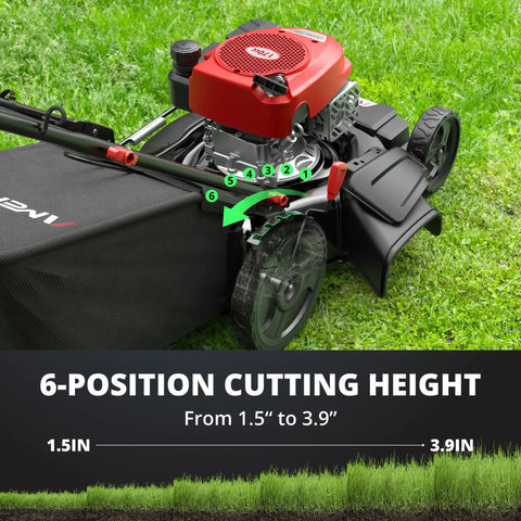 21 Inch Self Propelled Gas Lawn Mower With 170cc 4 Stroke Engine showing 6 position cutting height adjustment