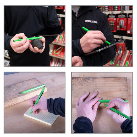 Man using Two Piece Multi Tool Pen Set With Ballpoint EDC Pen And Stylus, Screwdriver, Ruler, Level, And Flashlight on wood and screws