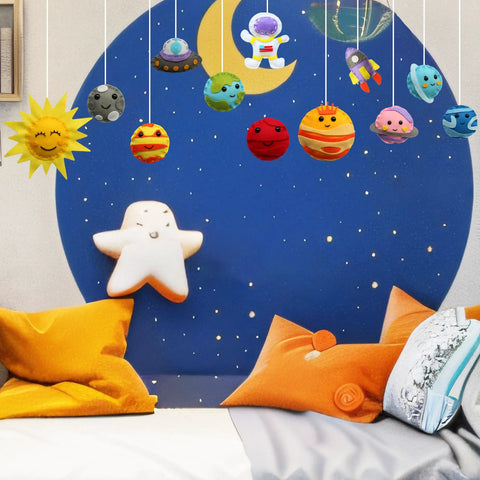 Solar System Sewing Kit For Kids: Beginner Felt Craft Set, Montessori Inspired STEM Toy Gift For Boys And Girls 6 7 8 9, DIY Space Projects, 12 Felt Planets, 7 Safety Needles, Embroidery Floss, Threader, Eyes, Simple Instructions showing hanging felt planets