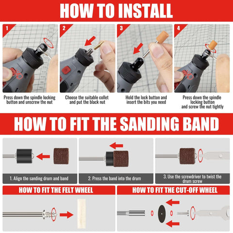 EZUVITA 618-piece rotary tool accessory kit with red storage case; includes sanding, grinding and cutting bits.