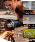 Heavy Duty Anti Fog Safety Glasses 20 Pack Slick Polycarbonate Eye Protection For Work Top Tier Impact Resistant Gear Fo Real UV Defense Kickass Unisex Debris Shield worn by woman using grinder