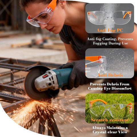 Heavy Duty Anti Fog Safety Glasses 20 Pack Slick Polycarbonate Eye Protection For Work Top Tier Impact Resistant Gear Fo Real UV Defense Kickass Unisex Debris Shield worn by woman using grinder