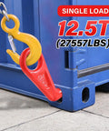 Heavy Duty Container Lifting Hook With 45 Degree Secure Alignment System L And R Indicators Forged Alloy Steel Construction High Load Capacity For Safe Dock Lifts And Efficient Shipping Container Handling in red and yellow attached to blue container with 12.5T label