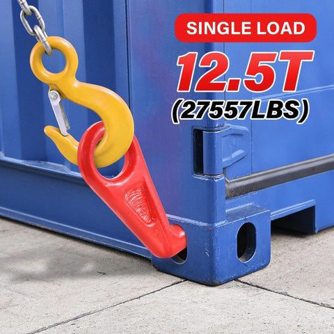 Heavy Duty Container Lifting Hook With 45 Degree Secure Alignment System L And R Indicators Forged Alloy Steel Construction High Load Capacity For Safe Dock Lifts And Efficient Shipping Container Handling in red and yellow attached to blue container with 12.5T label