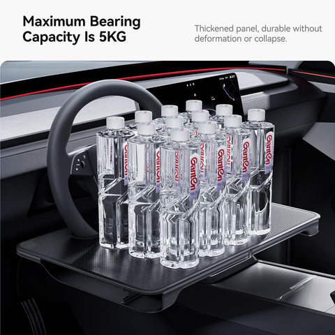 2 In 1 Car Steering Wheel Desk Tray And Seat Gap Filler Organizer Foldable Carbon Fiber Look Table For Laptop Meals And Writing On Standard Round Steering Wheels with water bottles showing 5KG capacity