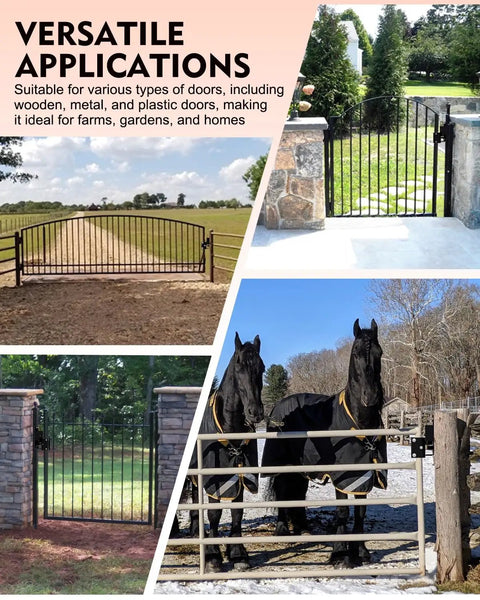 Heavy Duty Two Way Farm Gate Latch With Self Locking Nut Black Lockable Fence Latch For Livestock Corrals shown on various gates.