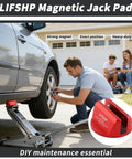 Red LIFSHP magnetic jack pad installed on floor jack lifting car wheel; side view.