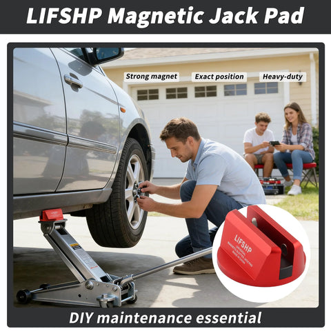 Red LIFSHP magnetic jack pad installed on floor jack lifting car wheel; side view.