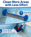 4 Piece All In One Pool Cleaning Kit With Heavy Duty Leaf Skimmer Net Deep Bag Skimmer Rotatable 90 Degree Scrub Brush And Wall Scrub Brush For Above Ground And Inground Pools Pole Not Included, showing scrubbing tools on pool steps.