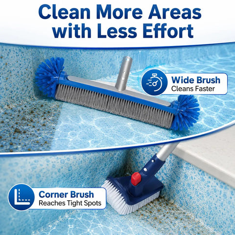 4 Piece All In One Pool Cleaning Kit With Heavy Duty Leaf Skimmer Net Deep Bag Skimmer Rotatable 90 Degree Scrub Brush And Wall Scrub Brush For Above Ground And Inground Pools Pole Not Included, showing scrubbing tools on pool steps.