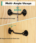 Four Inch Hook And Eye Door Latch Tough As Nails Heavy Duty Stainless Steel Black Finish Gate Latch For Barn Doors Shed Cabins Windows And Bathrooms Sliding Doors Pack Of 3 installed on wood surface showcasing multi-angle usage at 180 and 90 degrees.