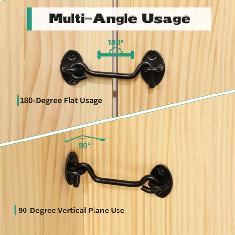 Four Inch Hook And Eye Door Latch Tough As Nails Heavy Duty Stainless Steel Black Finish Gate Latch For Barn Doors Shed Cabins Windows And Bathrooms Sliding Doors Pack Of 3 installed on wood surface showcasing multi-angle usage at 180 and 90 degrees.