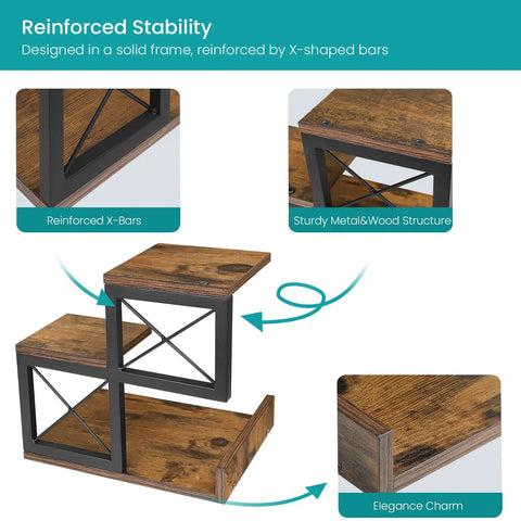 Compact Desk Shelf Organizer Three Tier Storage Riser For Small Desks Rustic Brown Black Finish showing reinforced X-bars and structure
