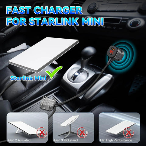 Heavy Duty Car Power Adapter For Satellite Routers Delivers Rock Solid 30V Output for Starlink Mini in car interior setup.