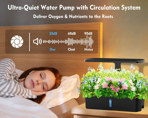Indoor Hydroponics Growing System With 12 Pod Kit Grow Light Adjustable Height Auto Timer Ultra Quiet Pump Smart Indoor Herb Garden For Fresh Herbs And Greens No Fuss Setup Great Gift For Women Who Love Kitchen Gardening on bedside table with sleeping woman